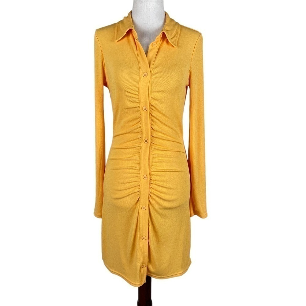Divided Yellow Ribbed Long Sleeve Button Down Dress
